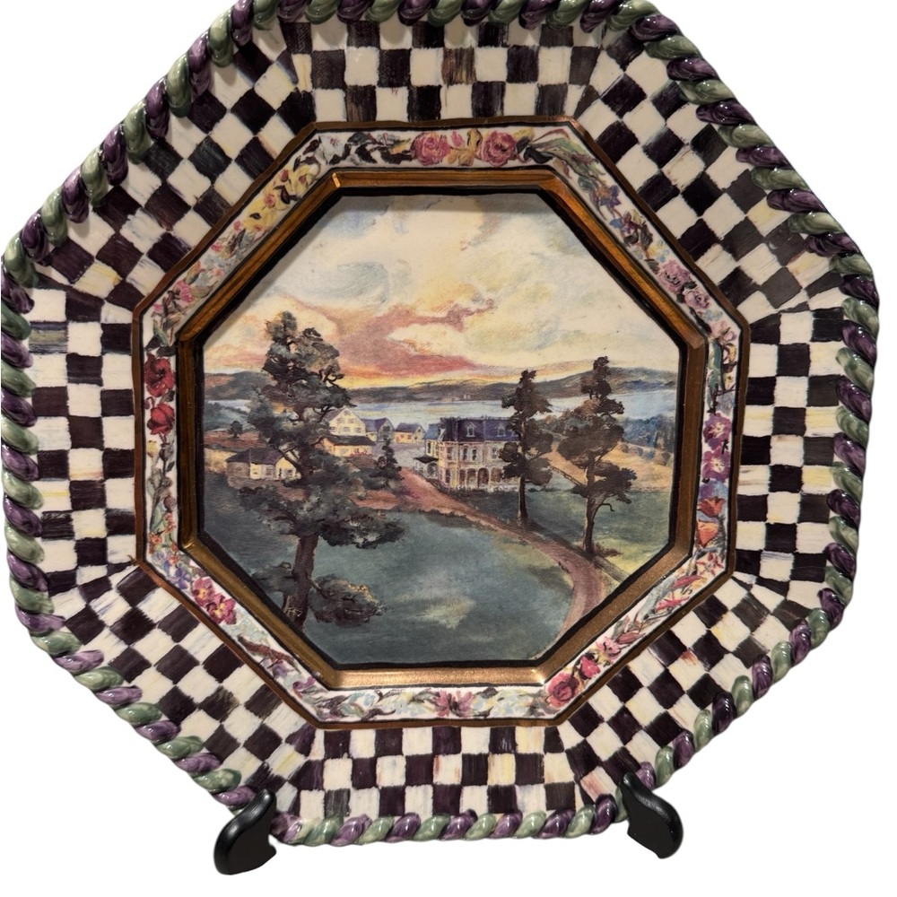 MacKenzie-Childs Checkered Dinner Plate with Scenic Center